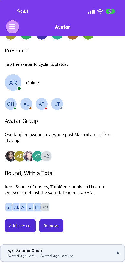 Presence dots on avatars and two overlapping AvatarGroups with +N overflow chips on iOS