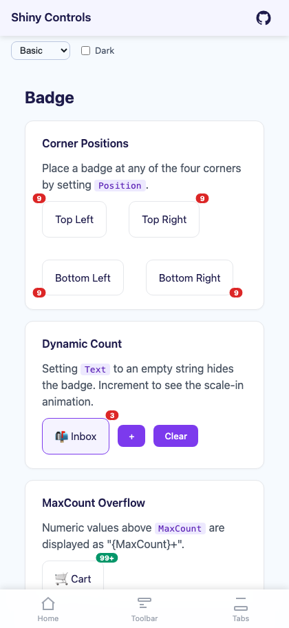 Corner positions and 99+ overflow on Blazor