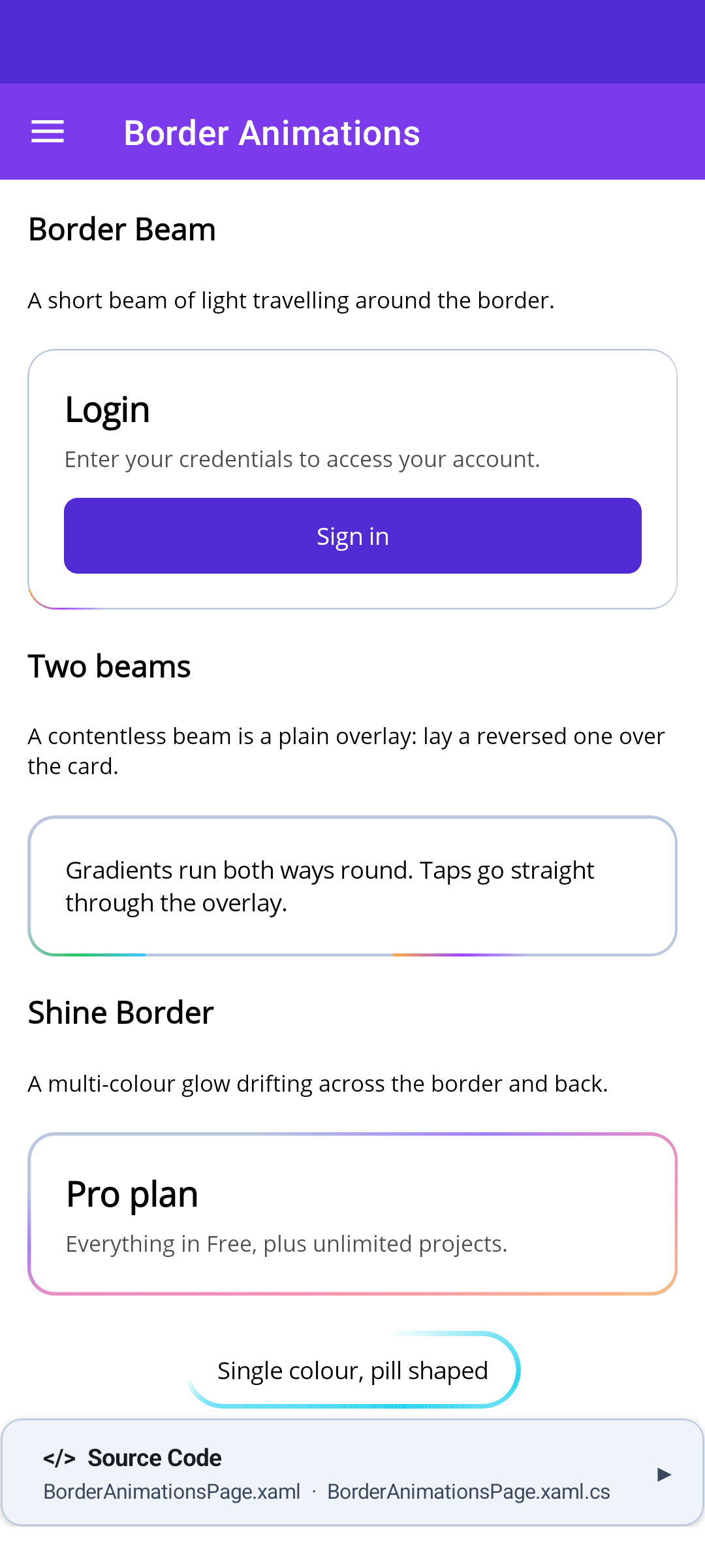 The same Border Animations page on Android, including the single-colour pill-shaped ShineBorder