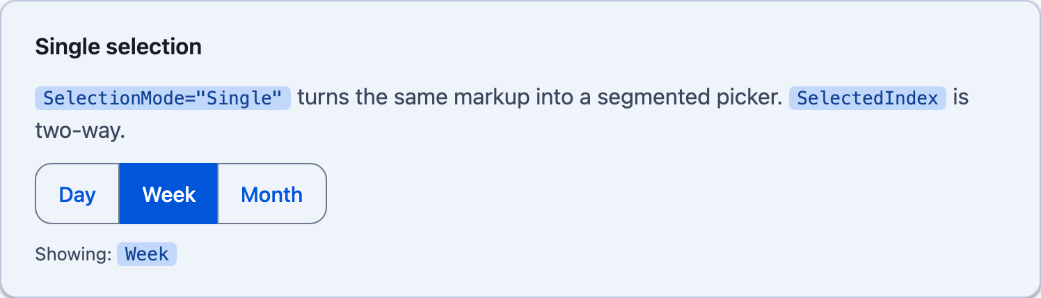 Day, Week and Month as a segmented picker with Week selected on Blazor