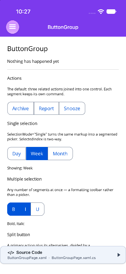 An action group, a Day/Week/Month picker and a B/I/U multi-select on .NET MAUI