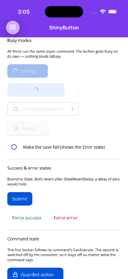 ReplaceLeftIcon, ReplaceContent, KeepContent and the native spinner, all busy