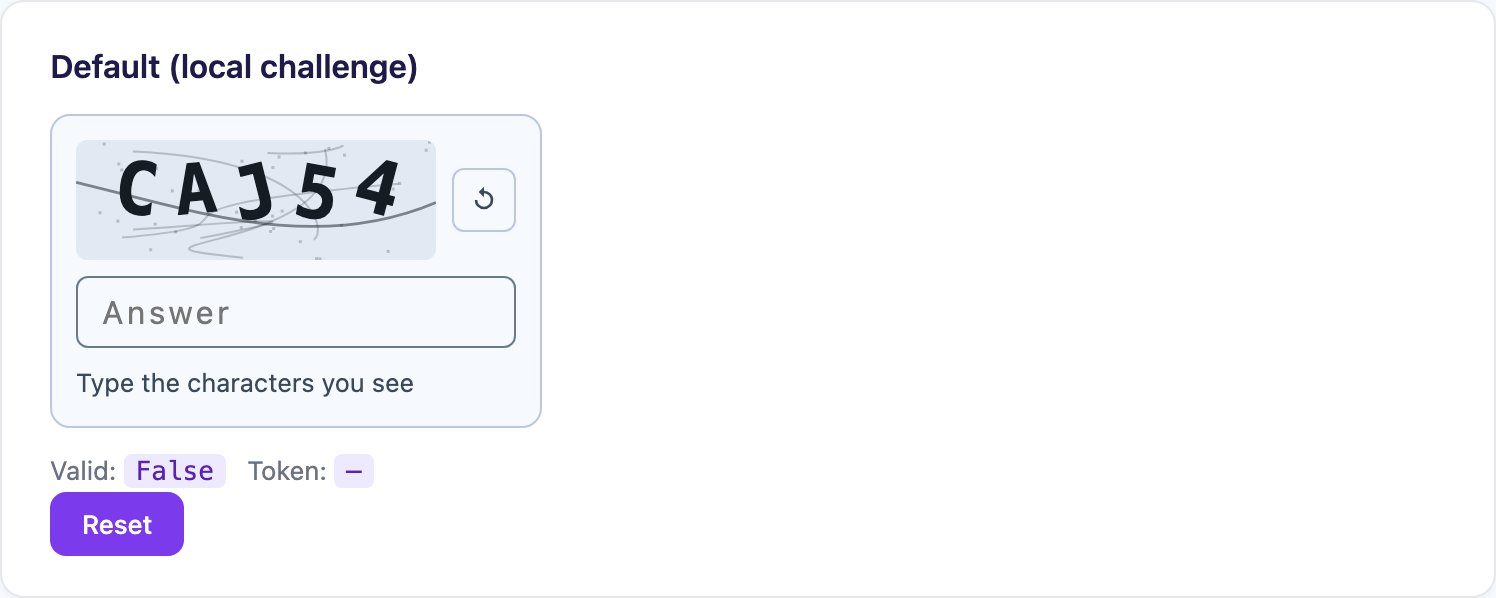 A distorted five-character code with a reload button and an answer box