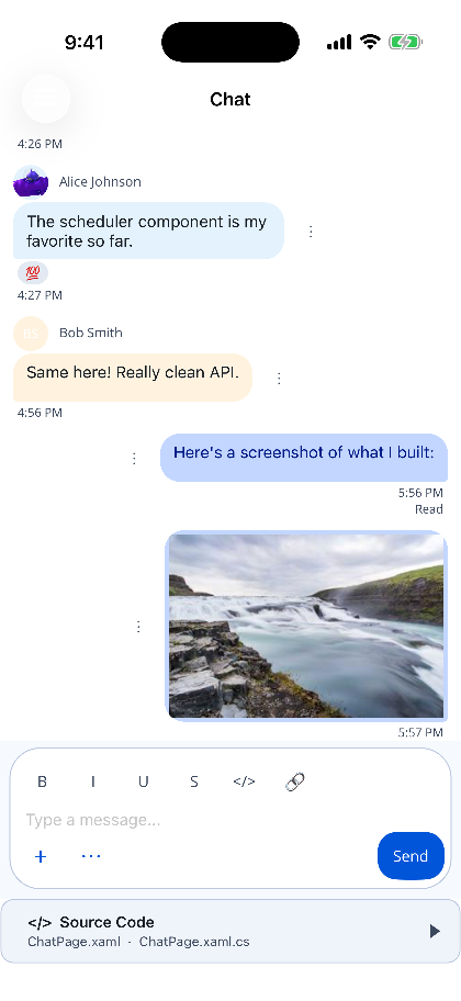 Bubbles with a reaction, a read receipt and the markdown toolbar on .NET MAUI
