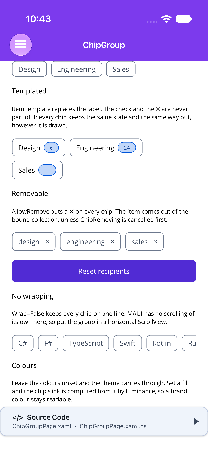 Chips with count badges, removable chips and a non-wrapping row on .NET MAUI