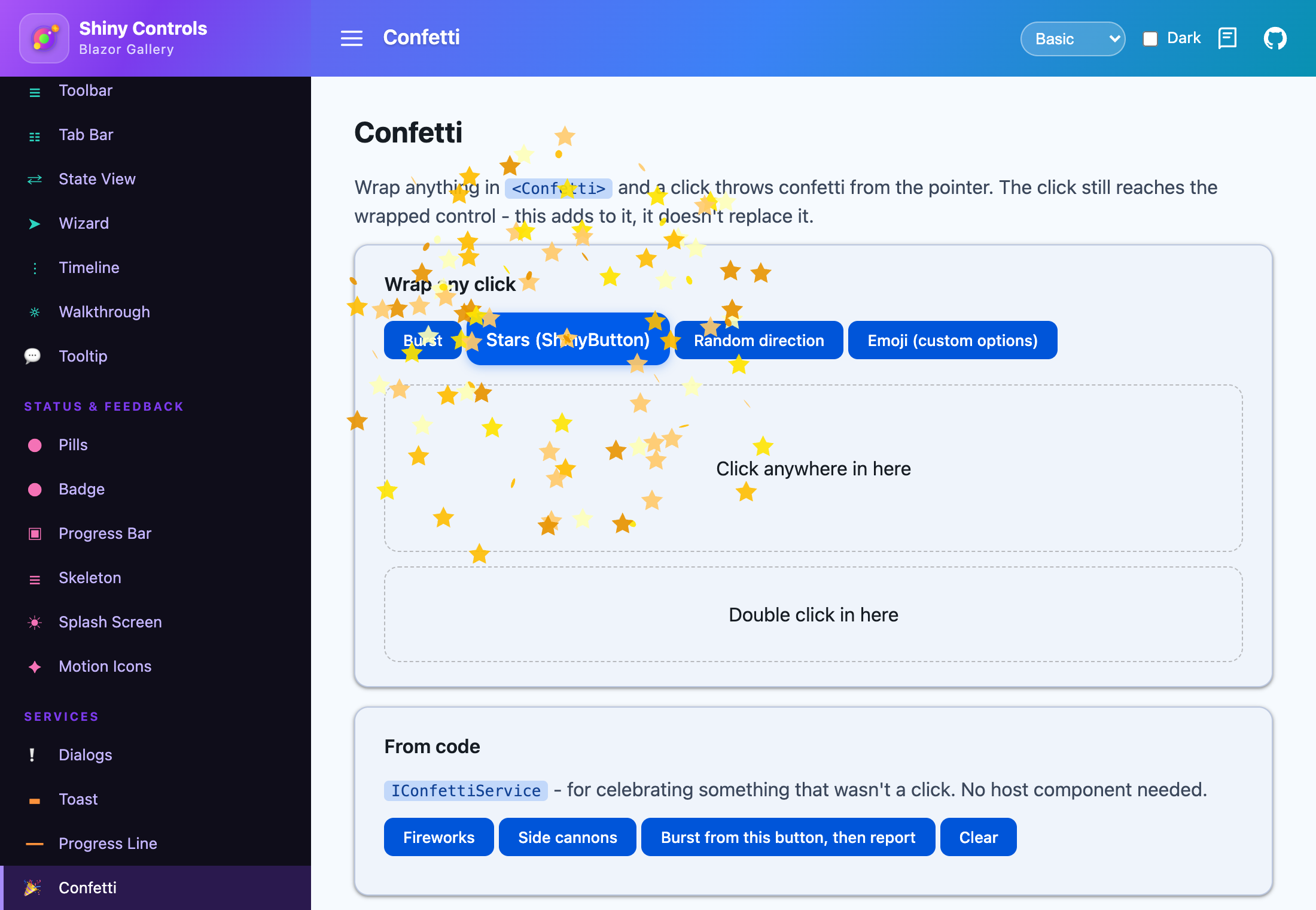 Gold stars bursting from a ShinyButton wrapped in a Confetti component