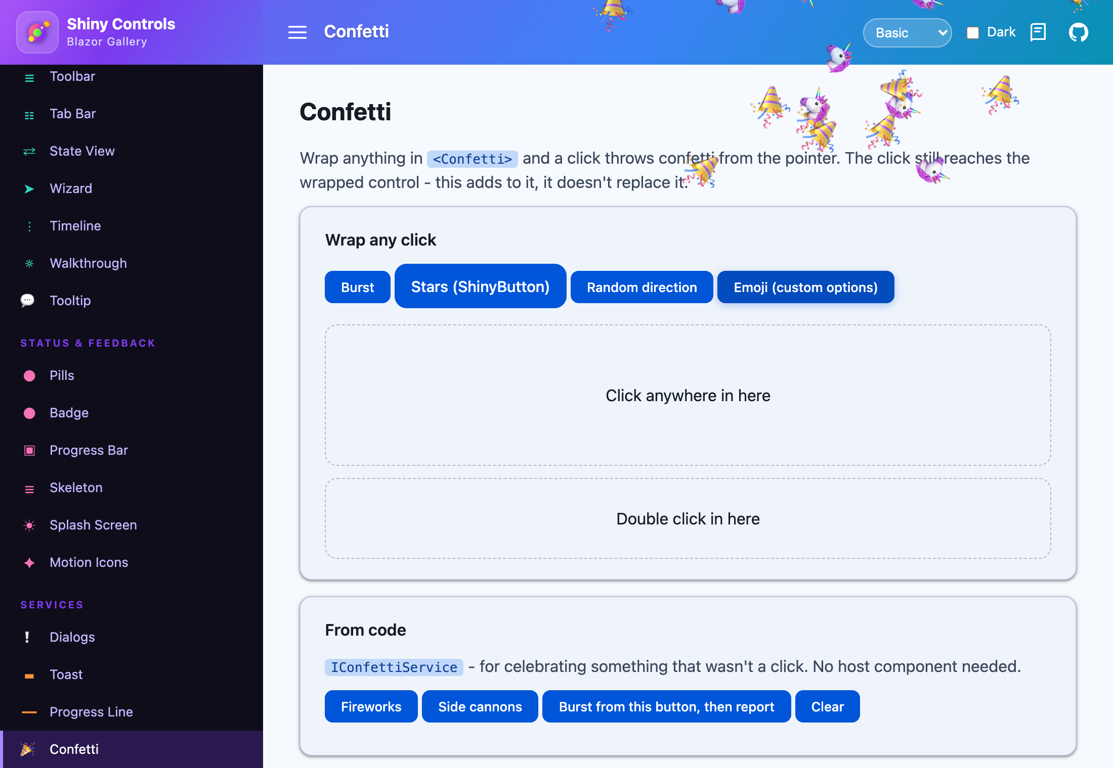 Unicorn and party-popper emoji confetti from custom ConfettiOptions
