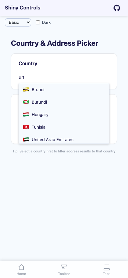 Typing filters the country list by name on Blazor