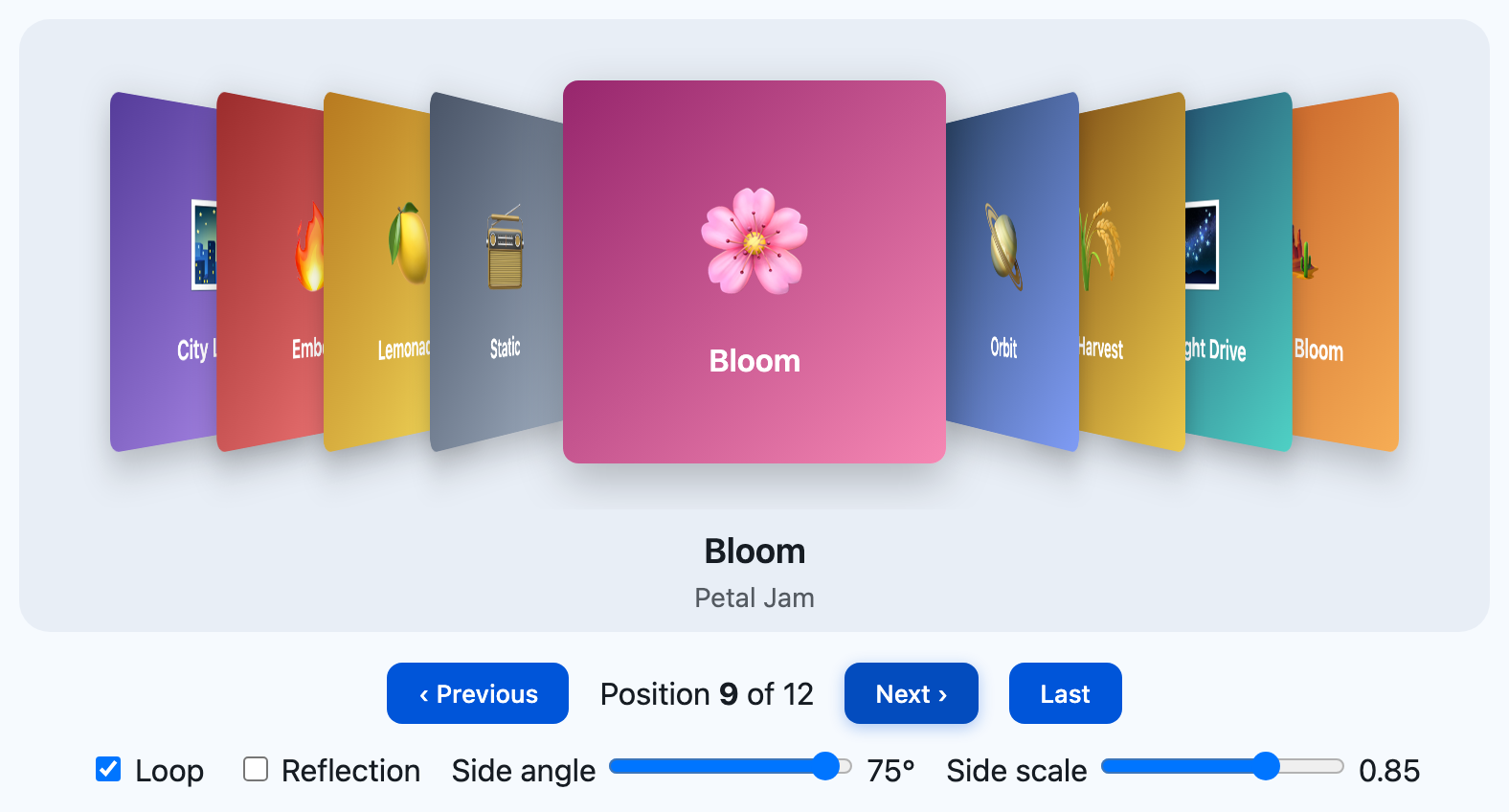 Cover Flow on Blazor with loop on, reflection off and a 75 degree side angle