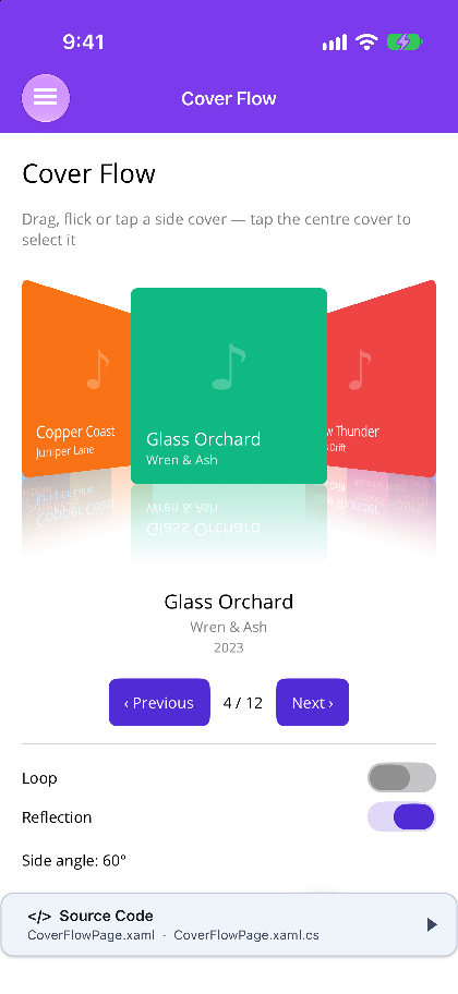 Album covers in Cover Flow on iOS, side covers tilted toward the centre cover, with fading reflections and the centre album's caption below