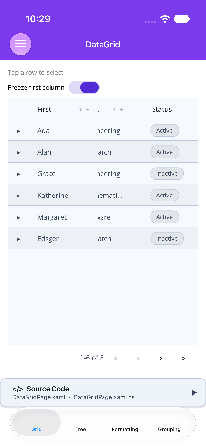 First and Status columns pinned while the middle columns scroll under them on .NET MAUI