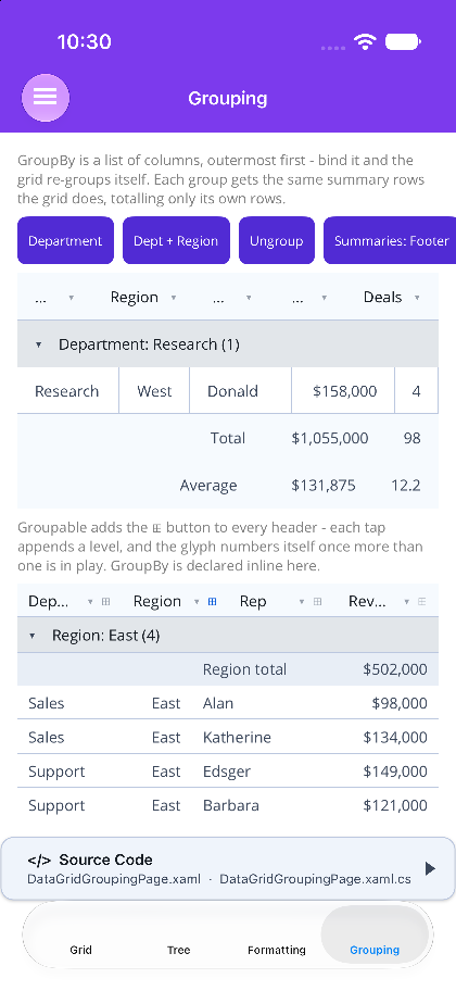 Rows grouped by region with per-group totals, one group expanded, on .NET MAUI