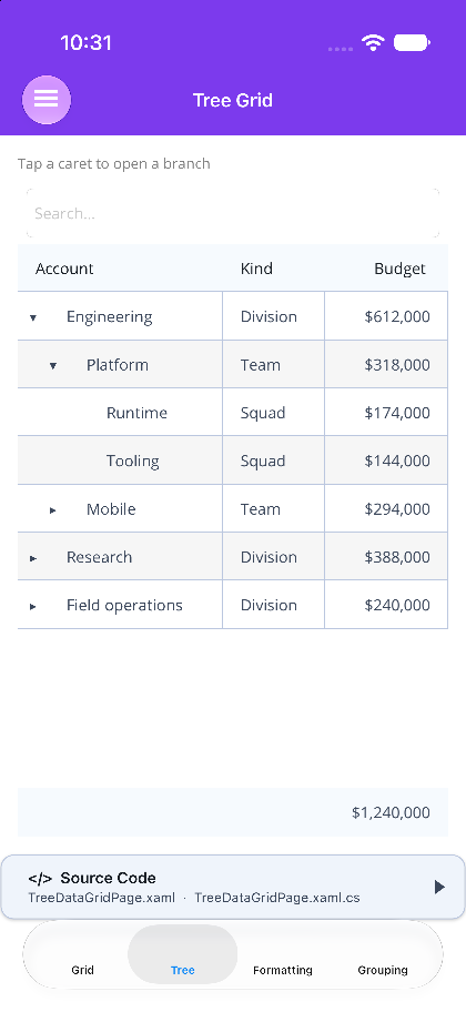 A tree grid with Engineering › Platform expanded and indented children on .NET MAUI
