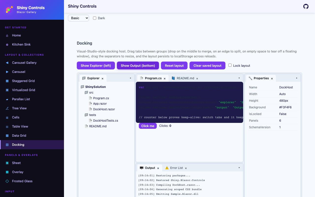 Output panel docked to the bottom on Blazor