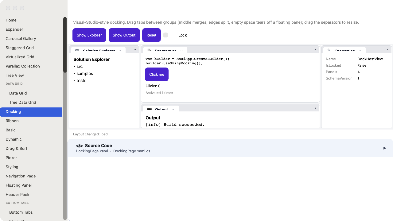 Solution Explorer, editor, Output and Properties panes docked on macOS AppKit