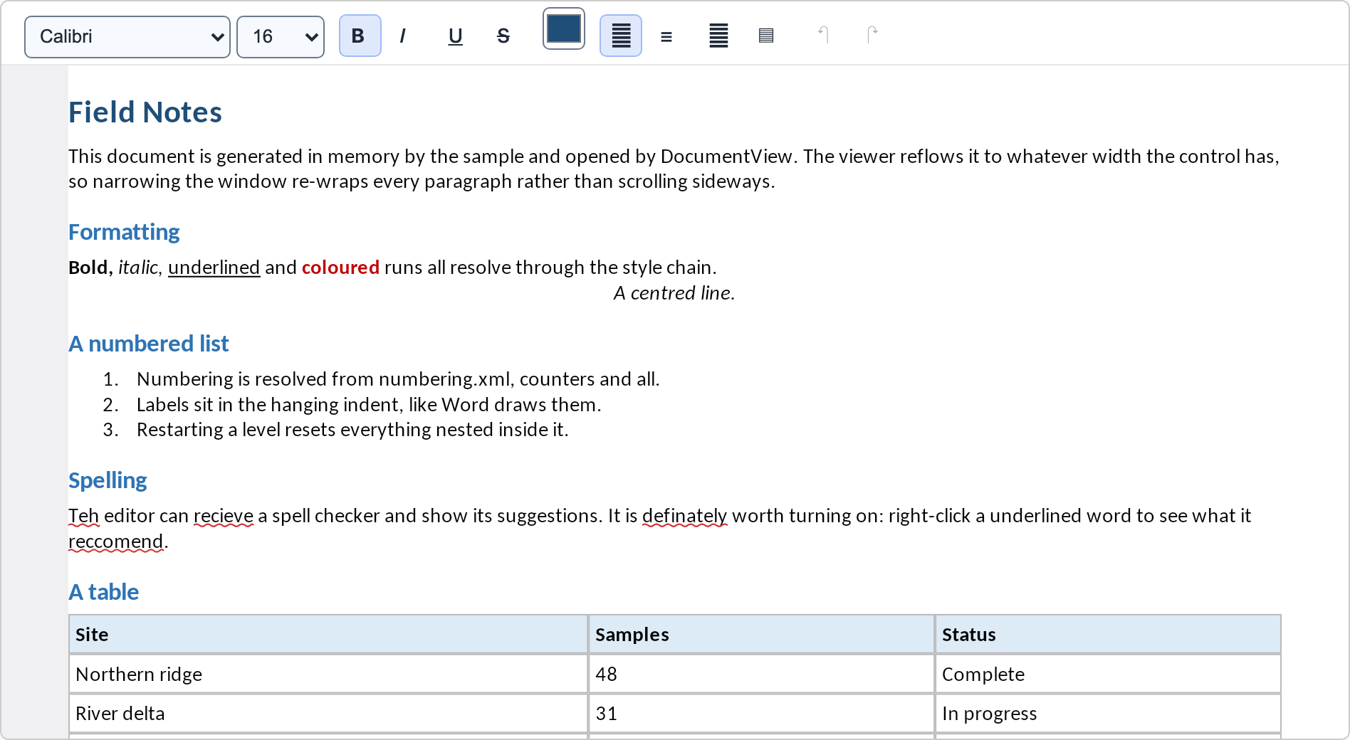 Editing a .docx on Blazor, with the formatting toolbar and spelling squiggles