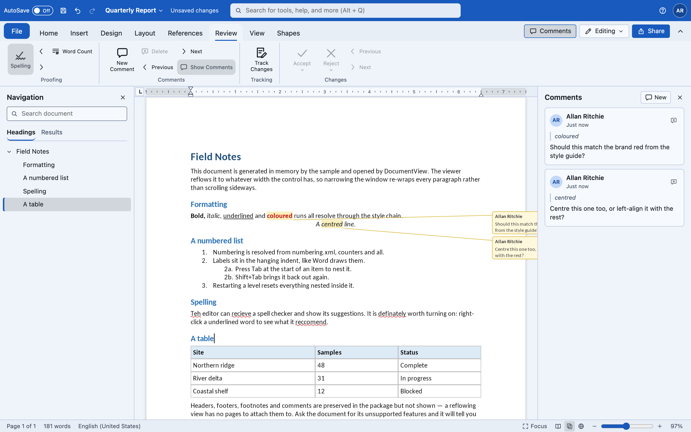 The Navigation and Comments panes on Blazor, with two comments anchored in the text and their margin balloons