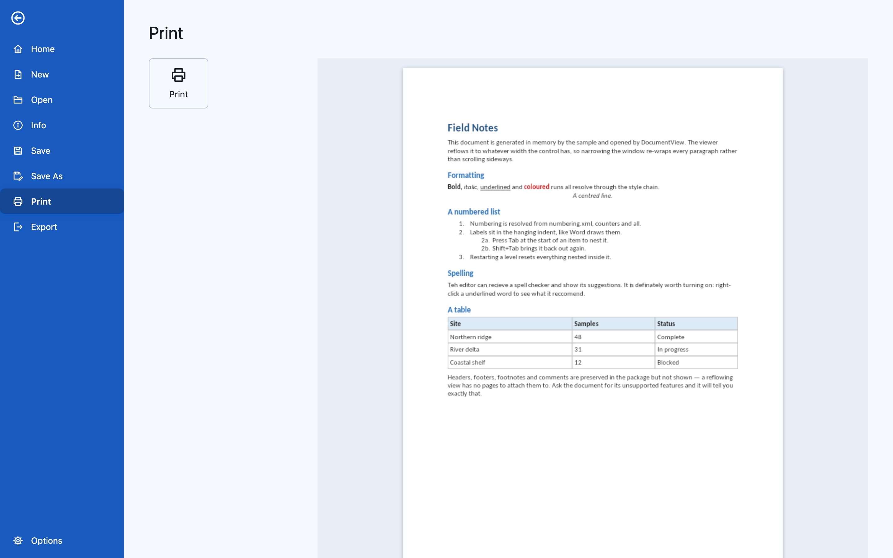 File backstage on Blazor: the Print page with a page-accurate preview of the document