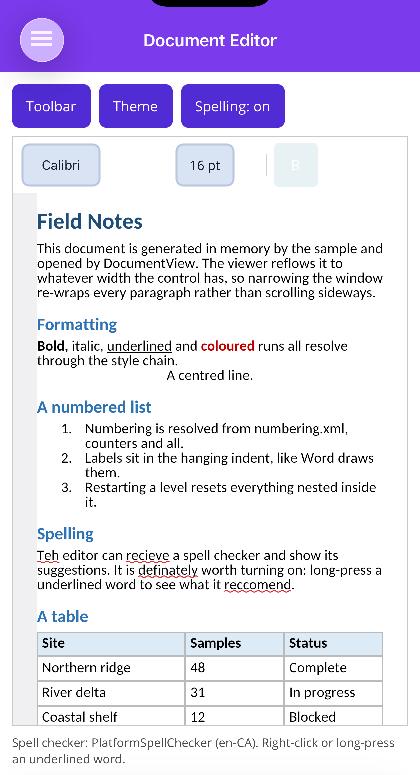 Editing a .docx on iOS, with UITextChecker underlining misspellings