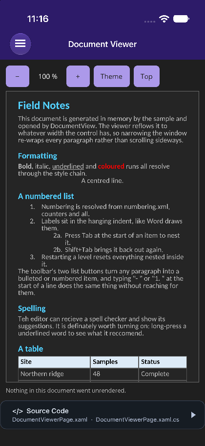 A reflowed .docx in dark mode, the table header keeping dark ink on its light fill, on .NET MAUI