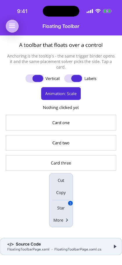 The same toolbar laid out vertically below a card