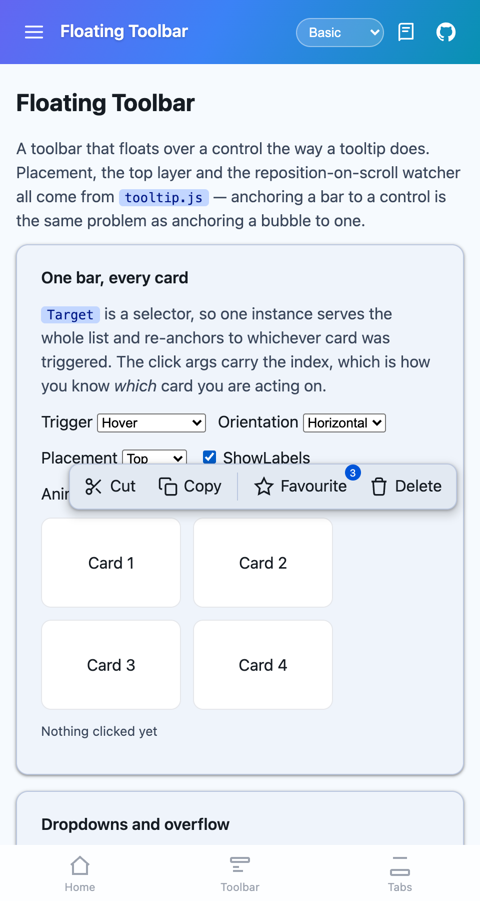 A horizontal floating toolbar with icons, labels and a badge