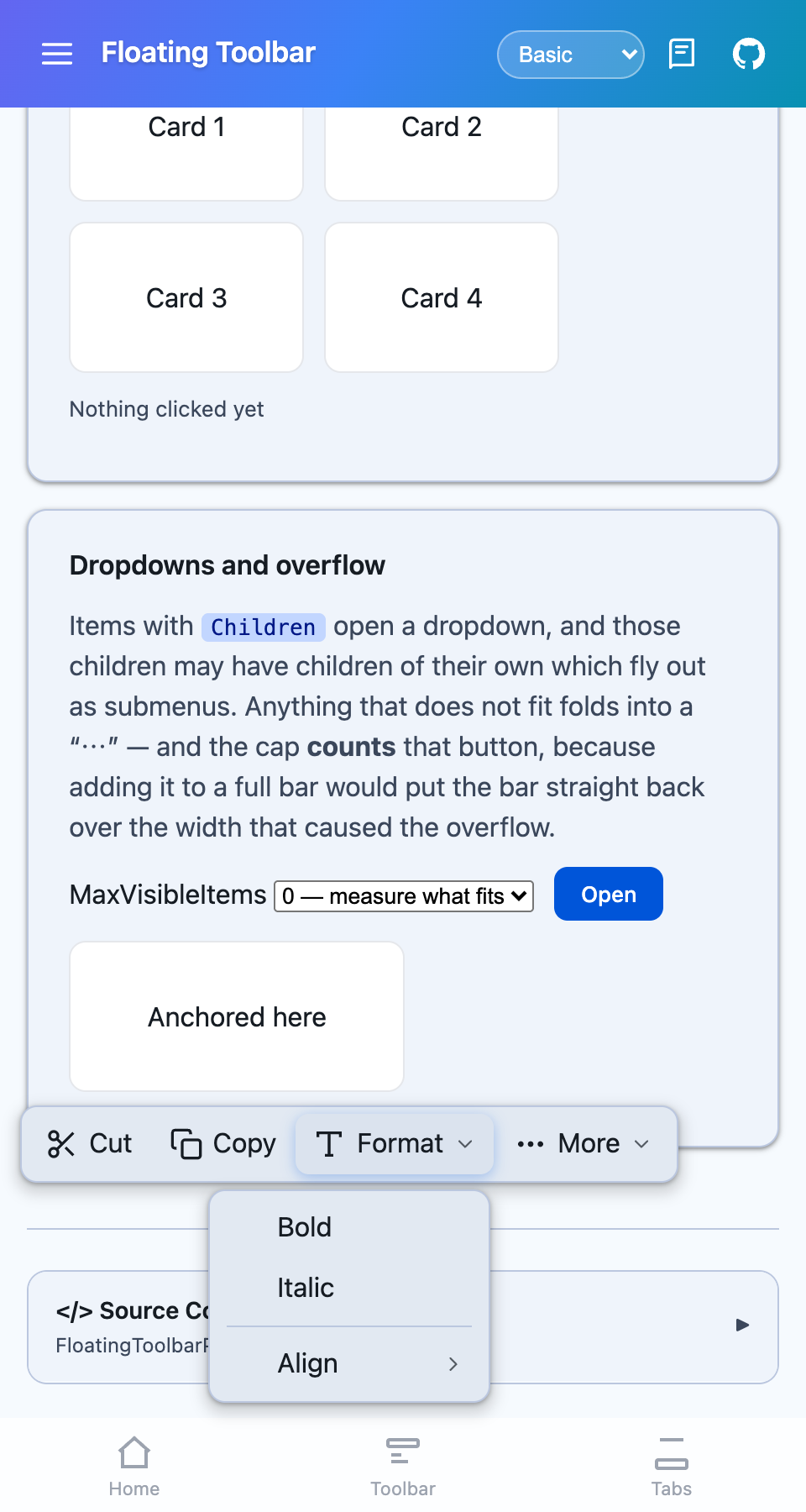 A Format dropdown open beside the toolbar's overflow button