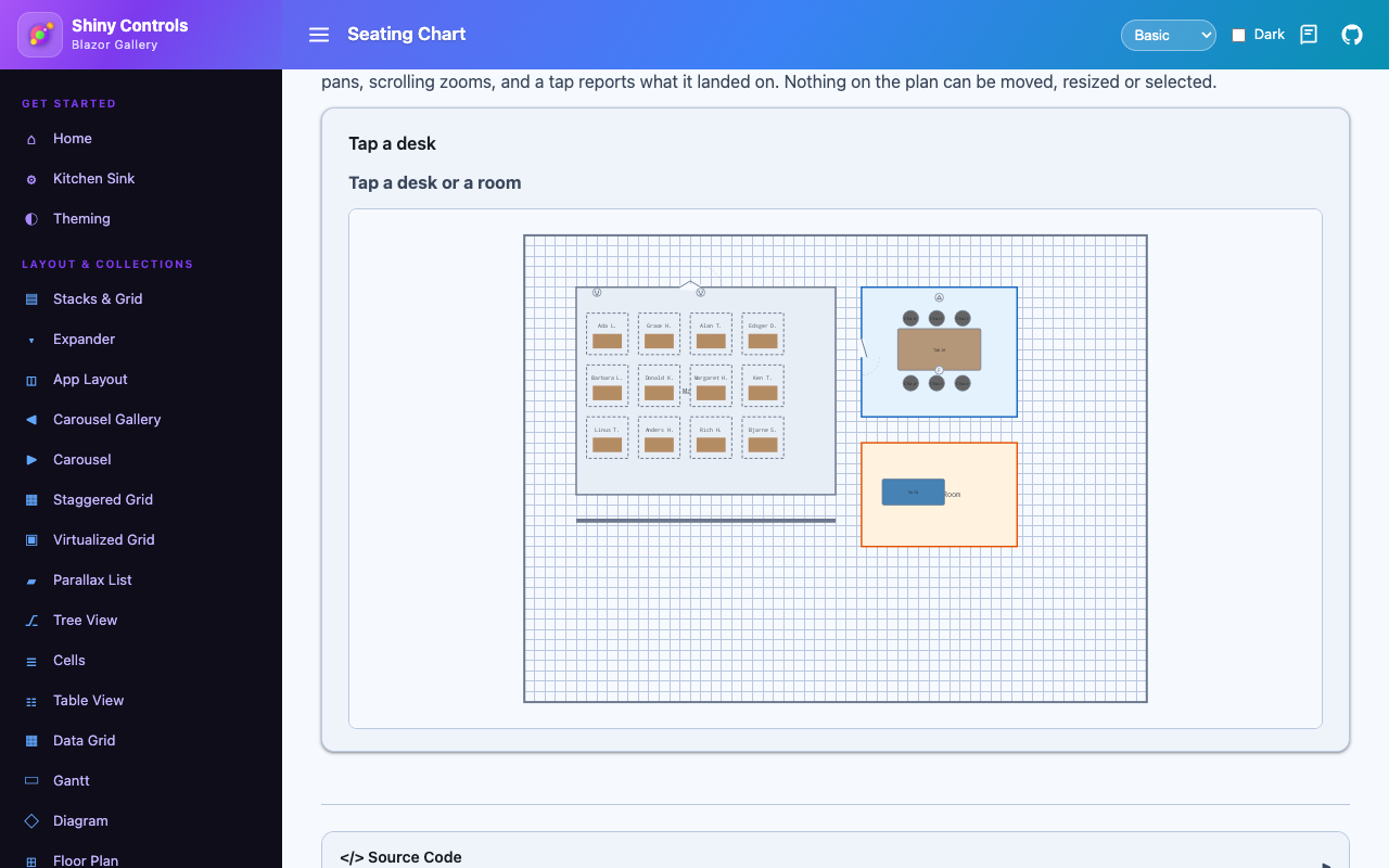 The same plan in view mode as a seating chart on Blazor