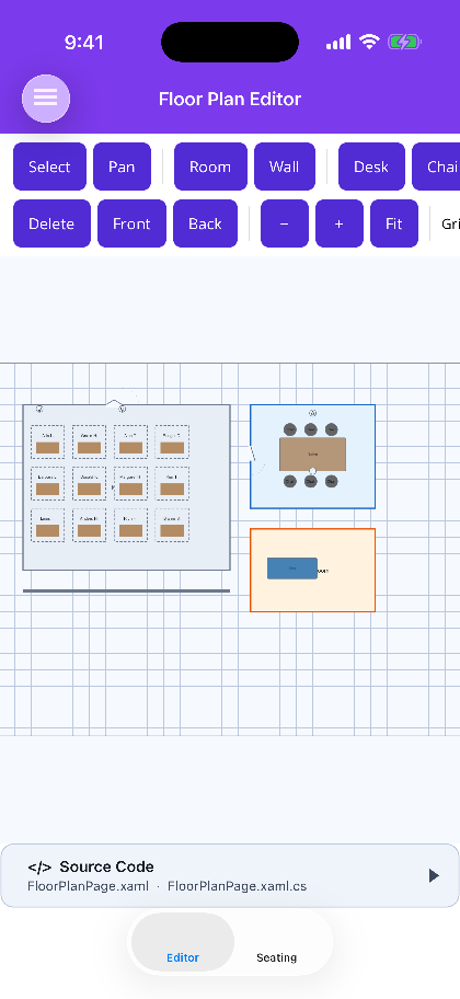 The floor plan editor with its tool strip on .NET MAUI