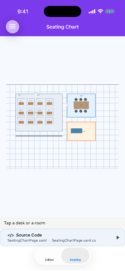 The same plan in view mode as a seating chart on .NET MAUI