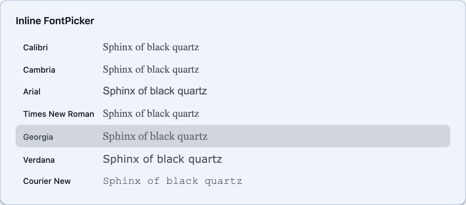 The inline font list with Georgia selected on Blazor