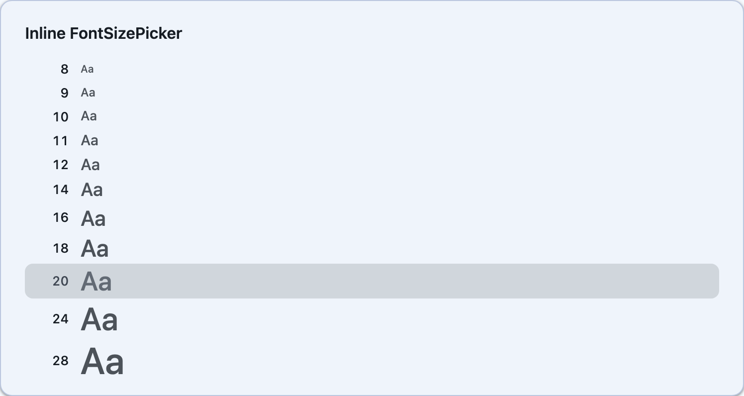 The inline size list, each row drawn at its own size, on Blazor