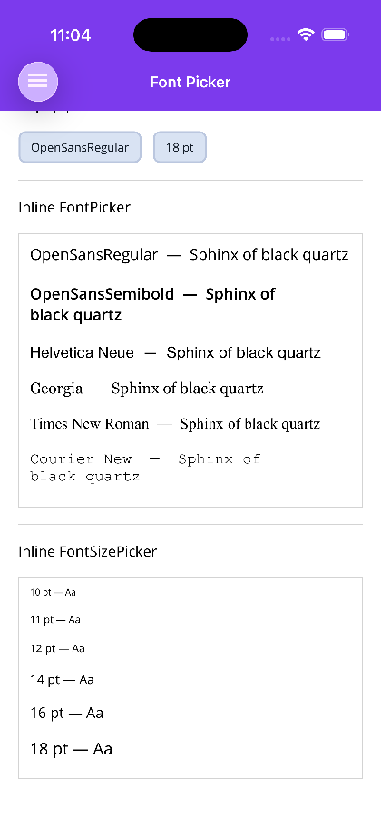 The inline font list, each row drawn in its own typeface