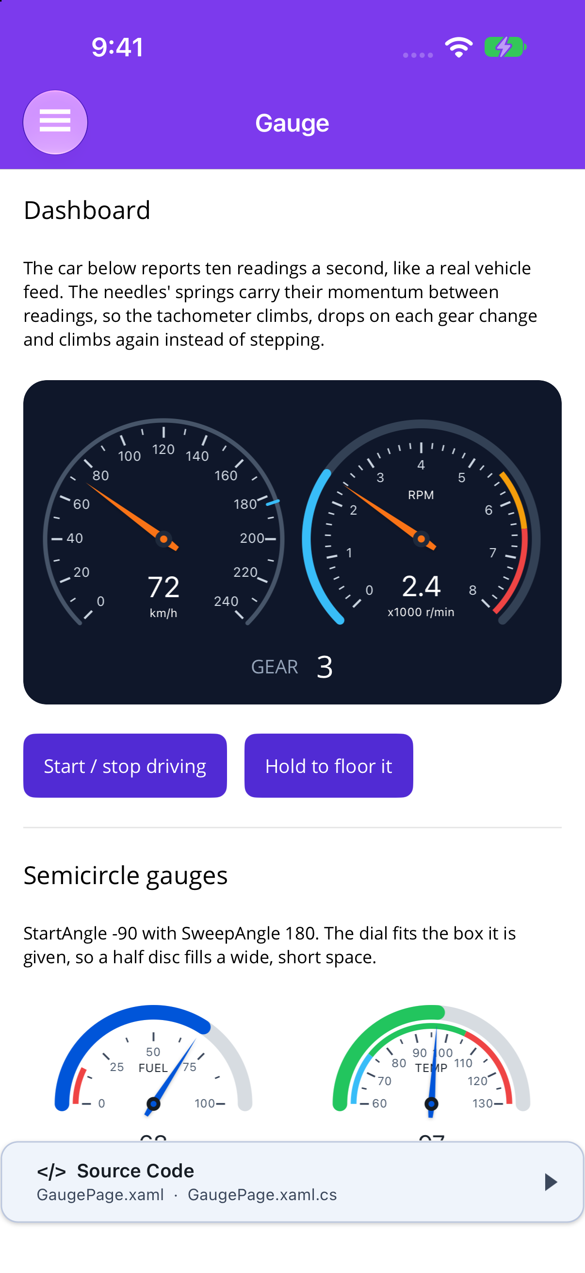 A speedometer and tachometer on a dark dashboard panel, mid-drive, on .NET MAUI