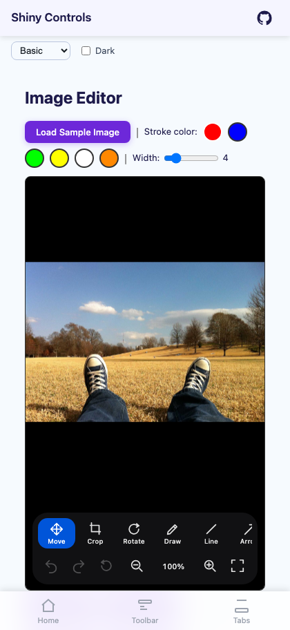 Image Editor on Blazor with the tool bar, stroke colours and zoom controls