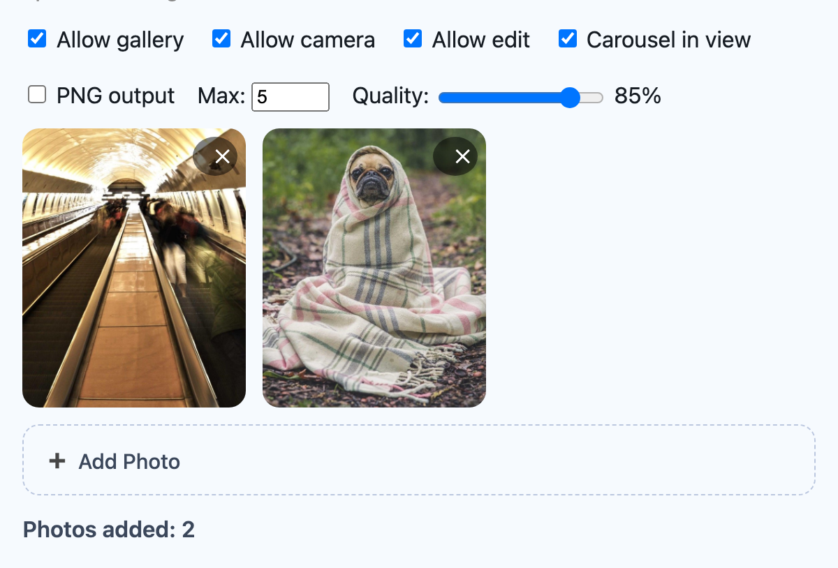 Two picked photos with remove buttons above Add Photo on Blazor