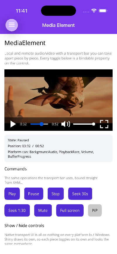 MediaElement playing video with the full transport bar