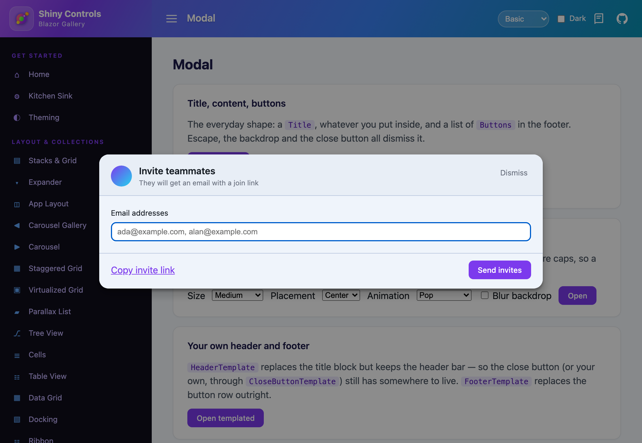 A large modal using HeaderTemplate and FooterTemplate