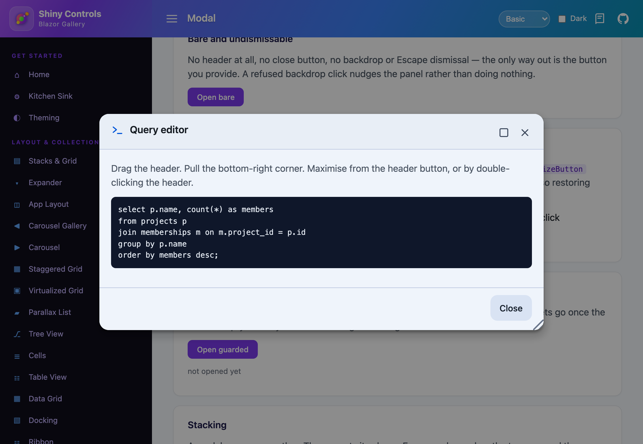 The modal styled as a window rather than a centred card