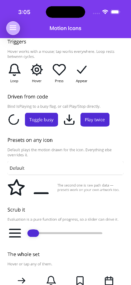 Presets applied to any icon, and progress scrubbing