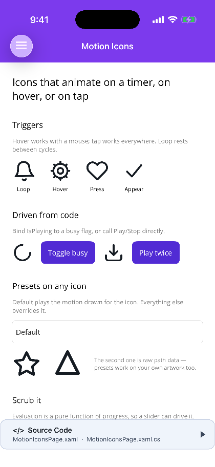 Motion icons driven by loop, hover, press and appear triggers on .NET MAUI