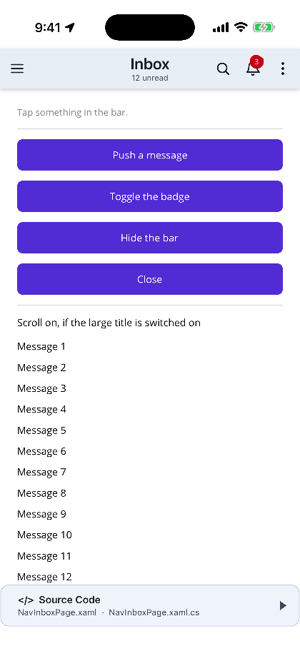 A drawn navigation bar with a left menu item, search, a badged bell and an overflow menu