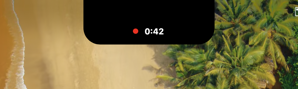 A black notch grown down out of the MacBook camera notch showing a red dot and a 0:42 recording timer