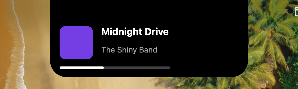 The camera notch grown wider and taller to fit a now-playing card with artwork, track title, artist and a progress bar
