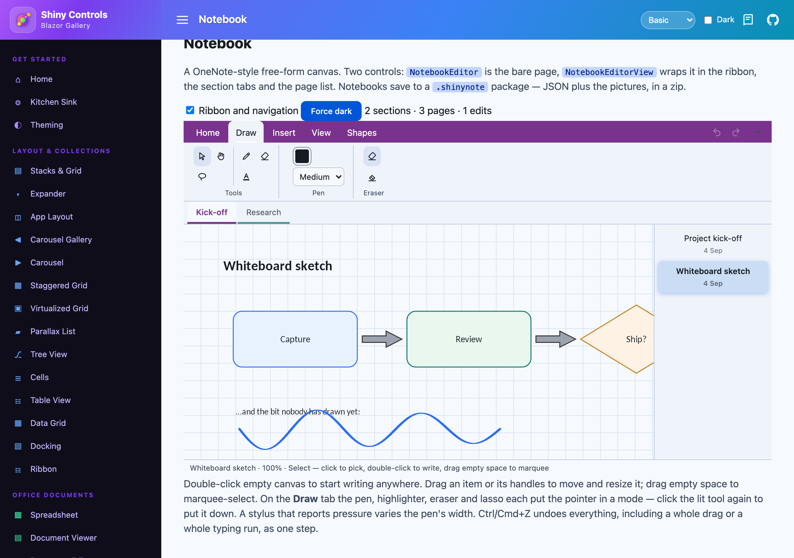 The Draw tab over a grid-ruled page of shapes, arrows and a pen stroke on Blazor