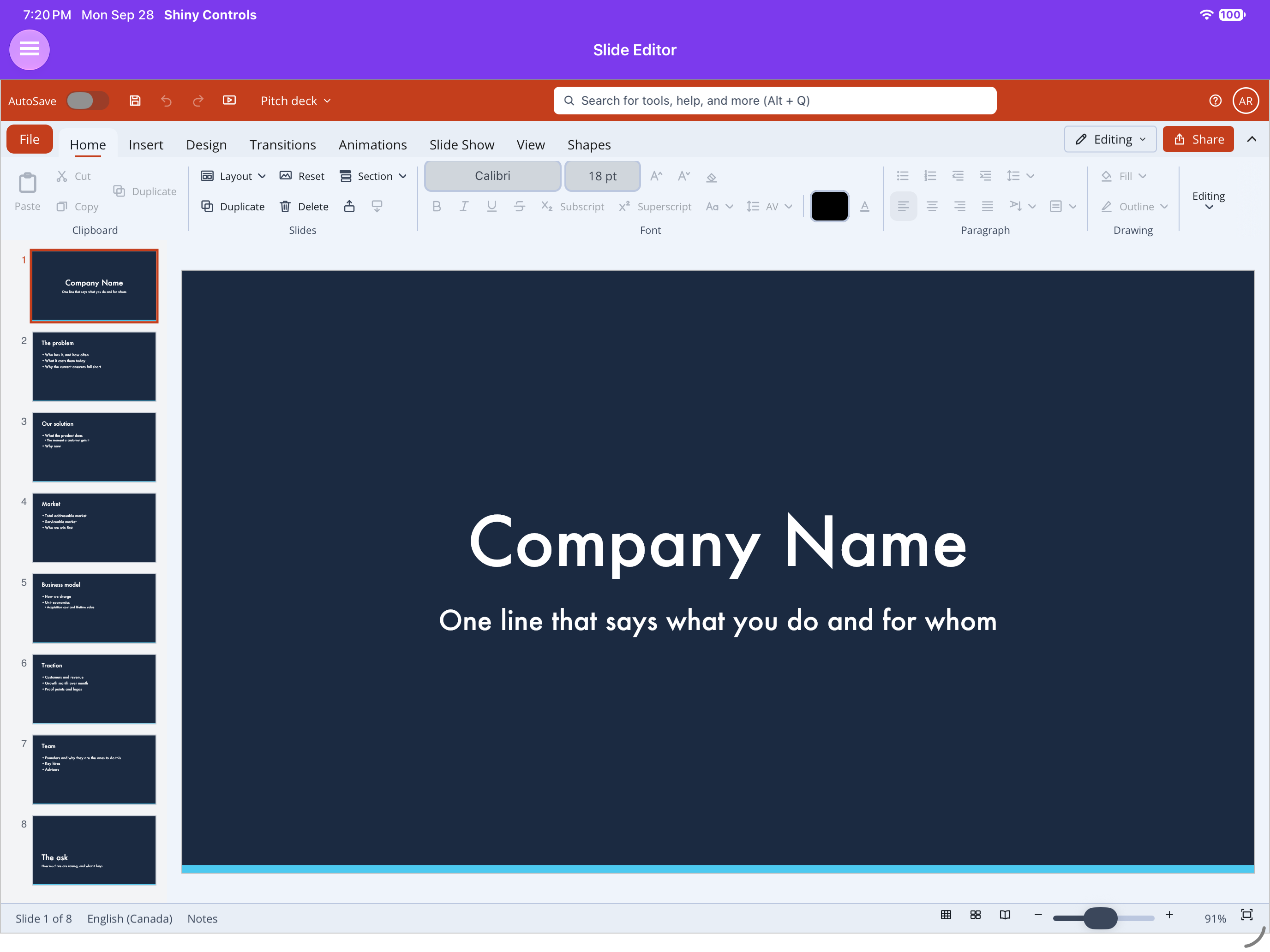 The PowerPoint window on iPad: accent title bar, ribbon, slide thumbnails and status bar with view modes and zoom