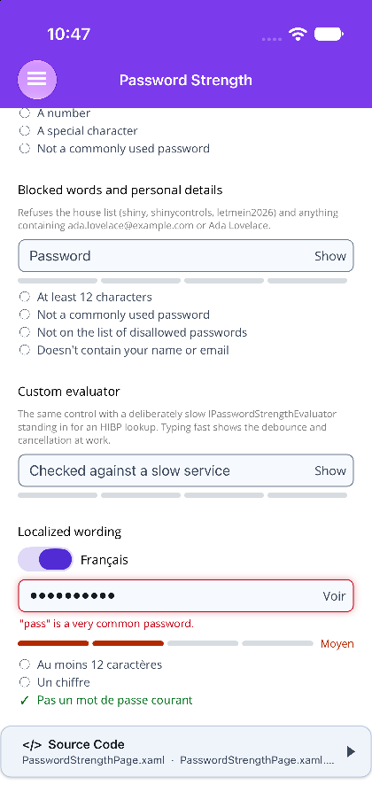 The meter and rule list in French on .NET MAUI