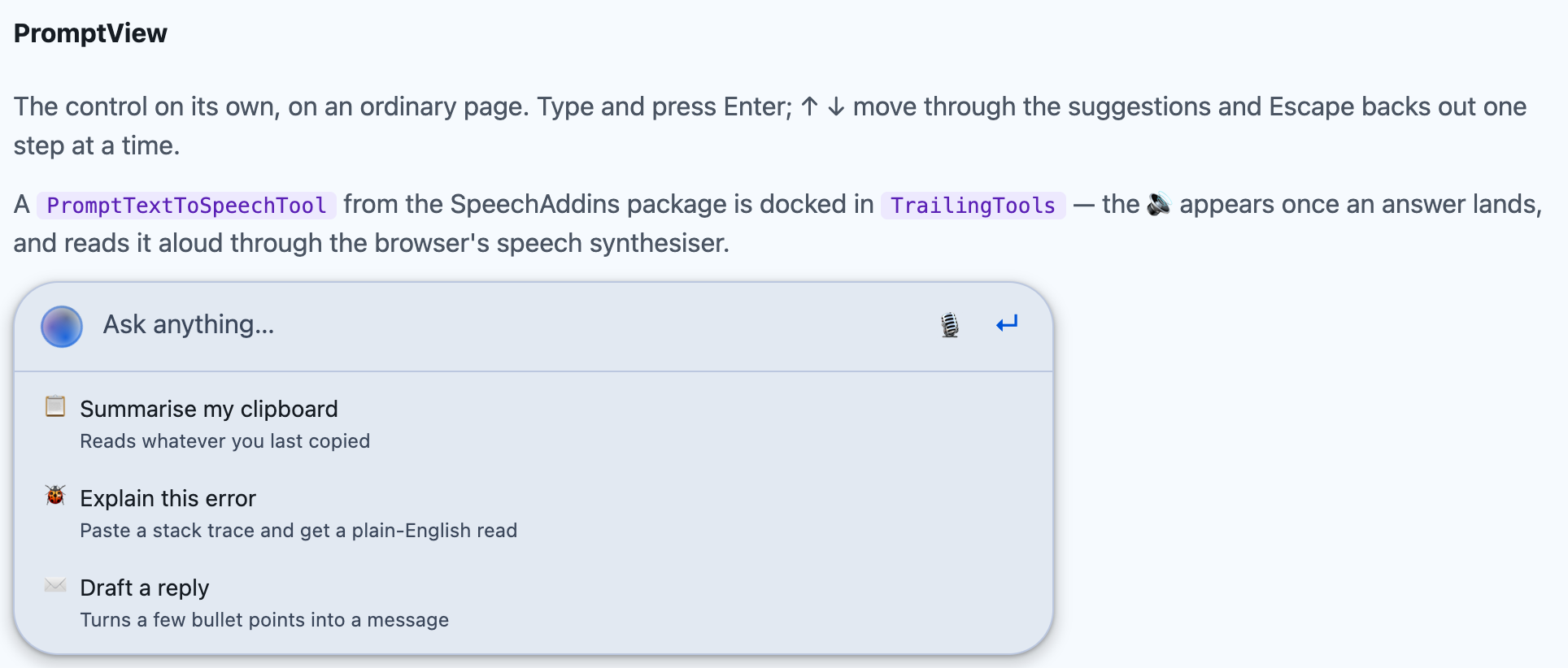 PromptView inline on a Blazor page with its suggestion list open