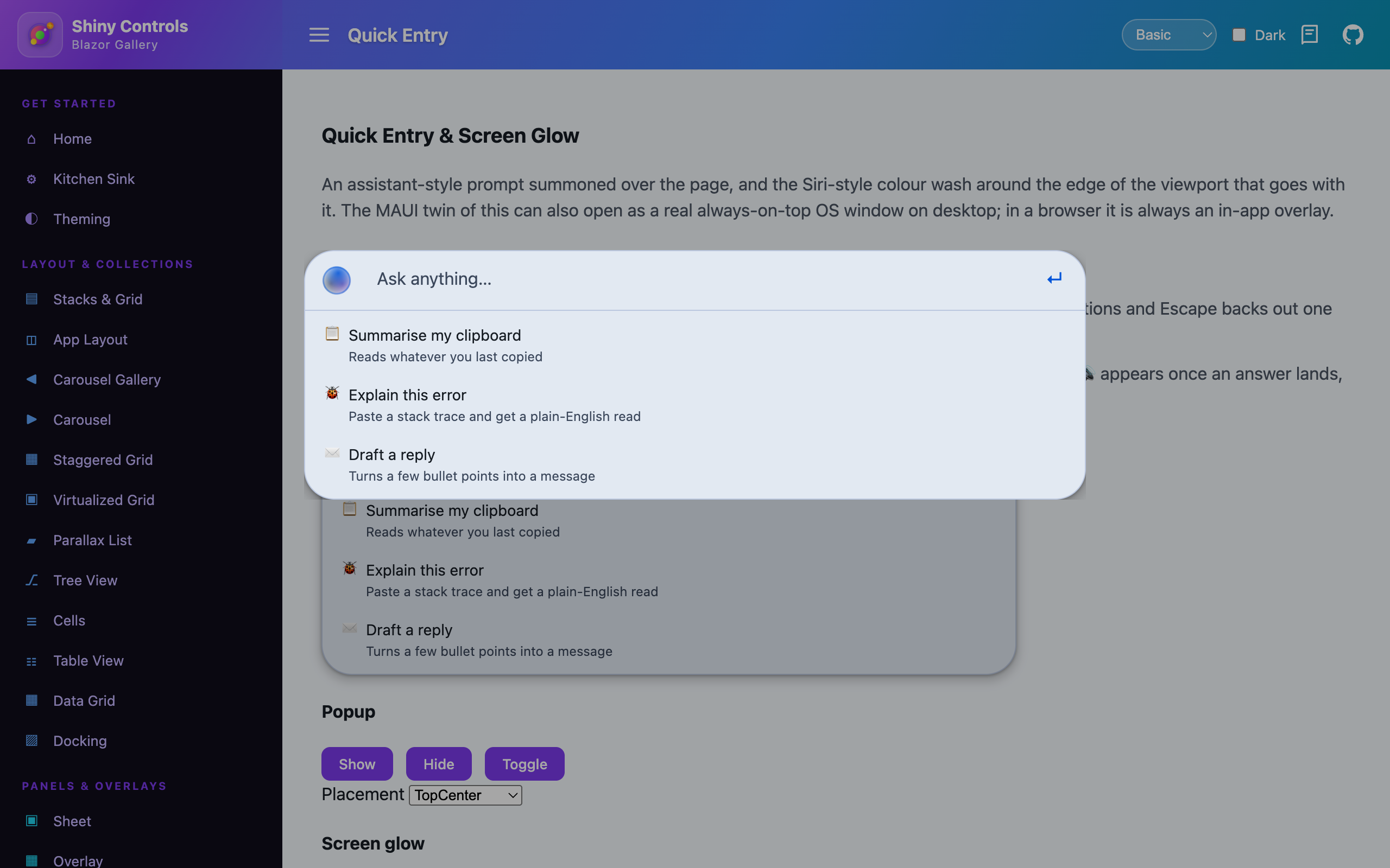 The quick entry popup open over a dimmed Blazor page