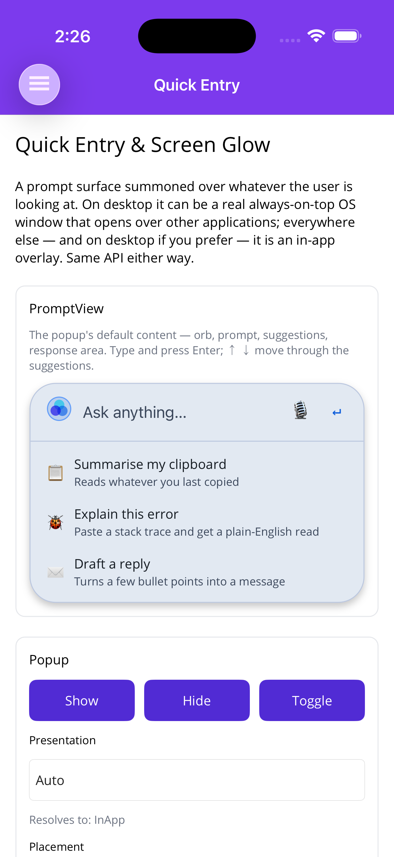 PromptView inline on a page with its suggestion list open